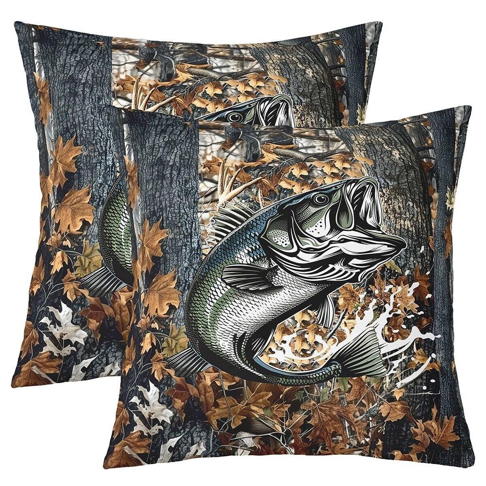 5585 Fish Throw Pillow Covers 18"x18" Set of 2 Soft Camo Fish Hunting